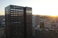 Exterior of the Radisson Blu Oslo Scandinavia Hotel during sunset, Norway